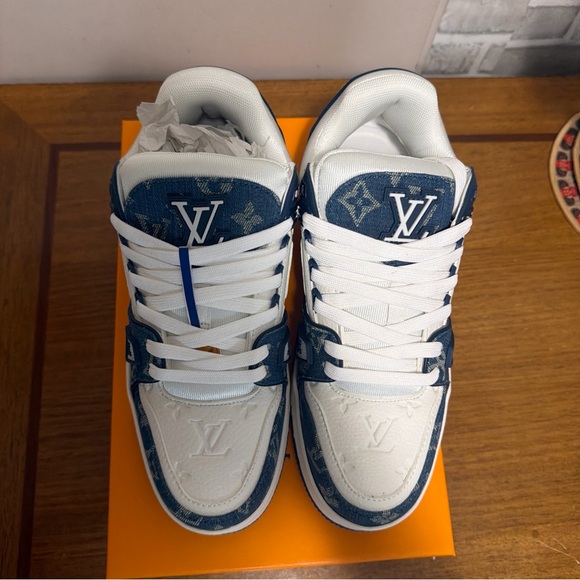 Louis Vuitton White and Navy Monogram Court Sneakers - Picture 4 of 6